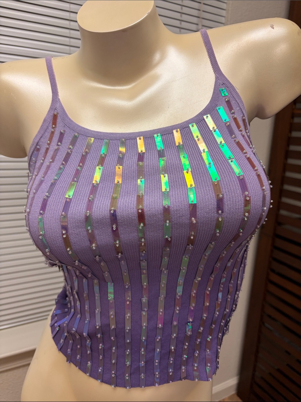 Sleeveless Lavender Sequin Stripe Ribbed Tank Top